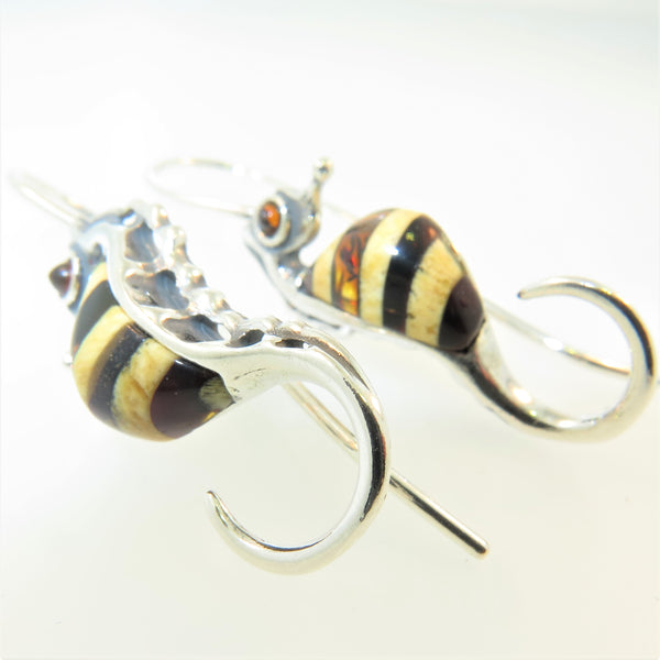 Seahorse Amber Silver Earrings